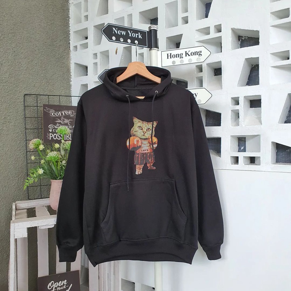 Boxing Cat Hoodie Atasan Pria Wanita Gaya Trendy