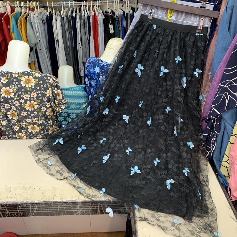 Rok Tutu Kupu Kupu 3D Timbul Panjang / Tutu Maxi Skirt Import ButterFly Embroidery - Katlyn Shop-Kupu Aplikasi-Black