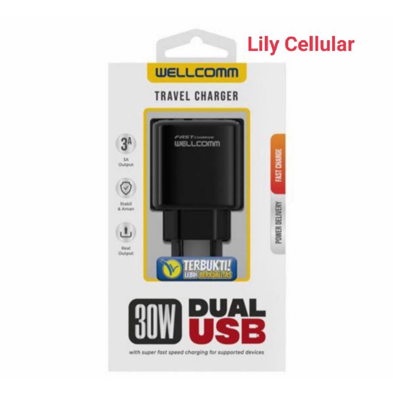Charger Wellcomm Dual USB Port 30W+ kabel data type-C to C