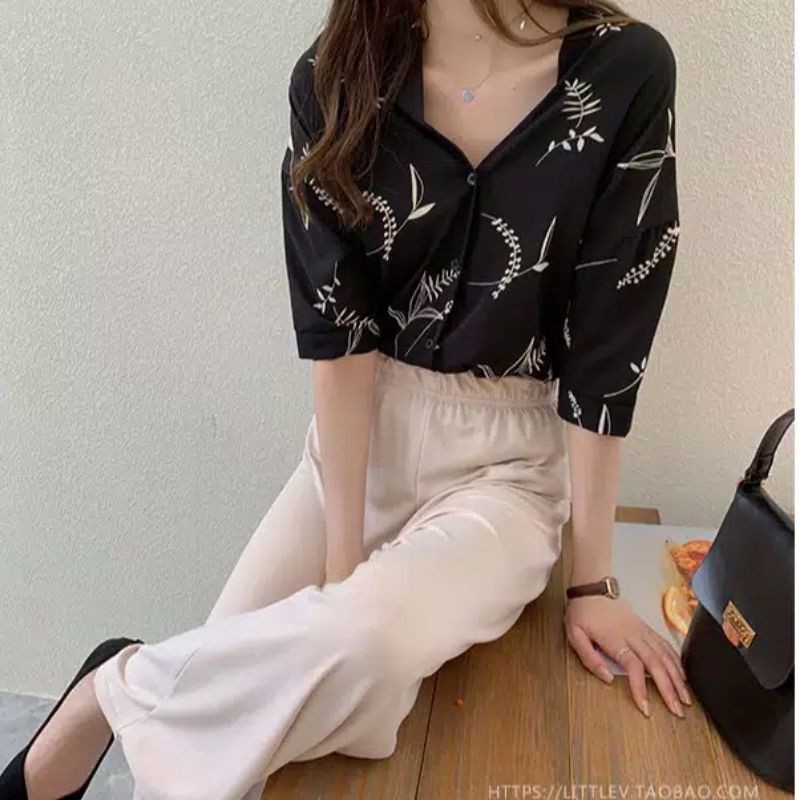 IMPORT Blouse atasa korea lengan pendek kemeja sifon chiffon