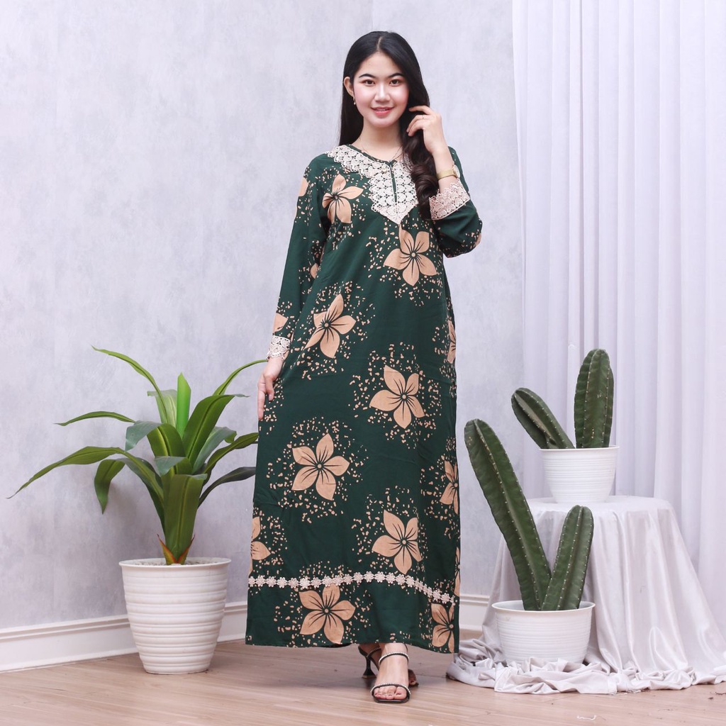 Batik Prass - Daster Arab Elmeera / Longgdress Renda / Rayon Grade A Lengan Panjang-ARIANA HIJAU