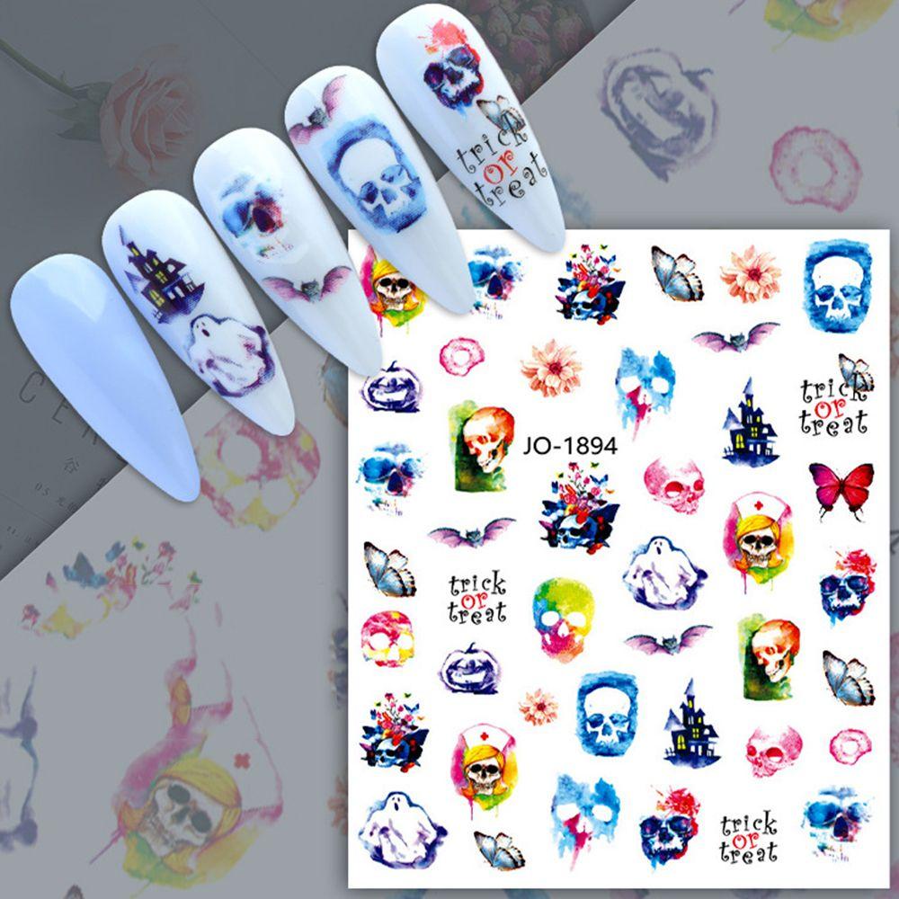 AUGUSTINA Agustinina Halloween Stiker Kuku Fashion Perekat Diri Joker Spider Skeleton Pola Labu Halloween Kuku Foil