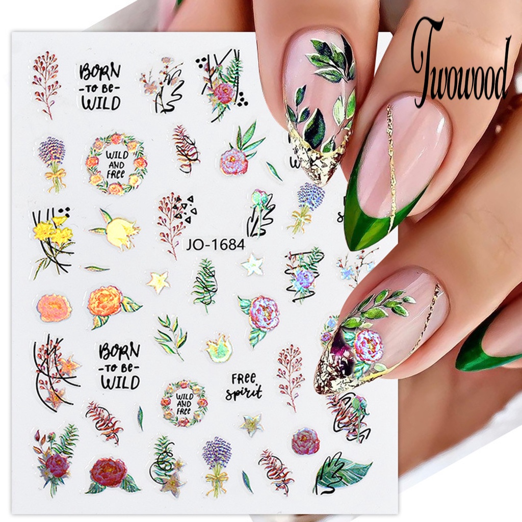 Twowood Stiker Kuku Tahan Air Motif Bunga Untuk Nail Art DIY