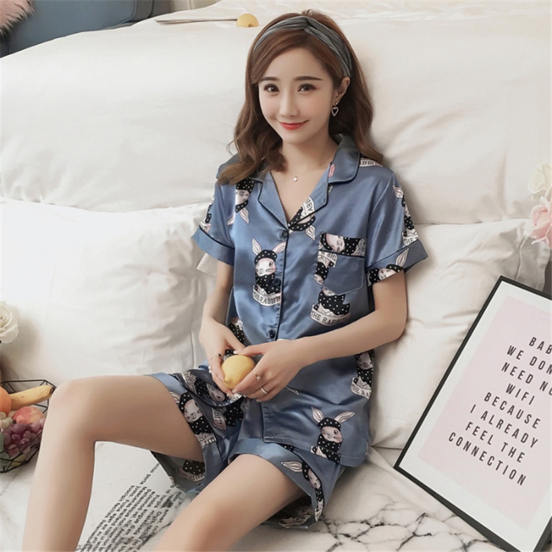 Lovera Baju Tidur Wanita Dewasa Model Kemeja Bahan Satin HP Lengan Pendek Celana Pendek Import High Quality Sleepwear-Rabbit Biru