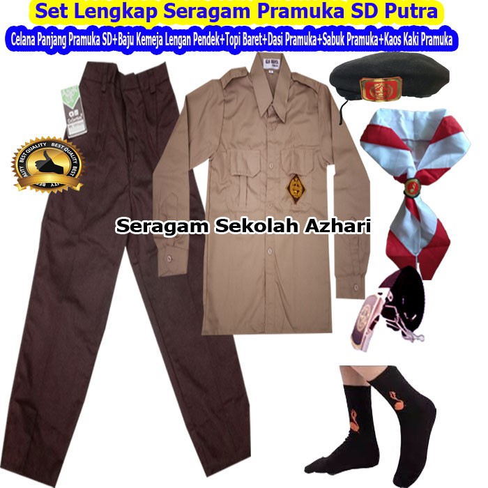 Set Lengkap Seragam Pramuka SD Laki Lengan Panjang+Topi Baret+Dasi Pramuka+sabuk+Kaos Kaki Pramuka-S