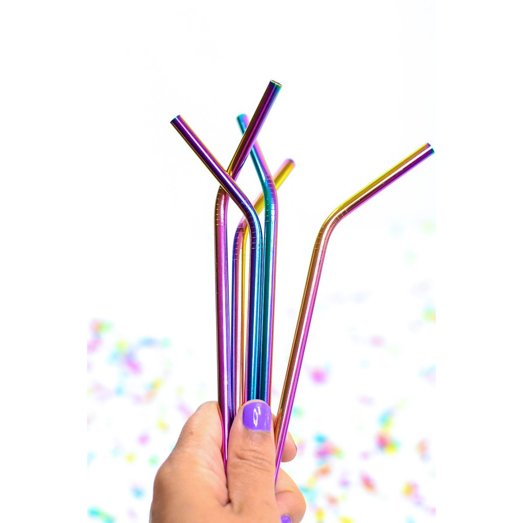 Sedotan stainless steel set rainbow 2 pcs + sikat / Metal straw rainbow stainless steel