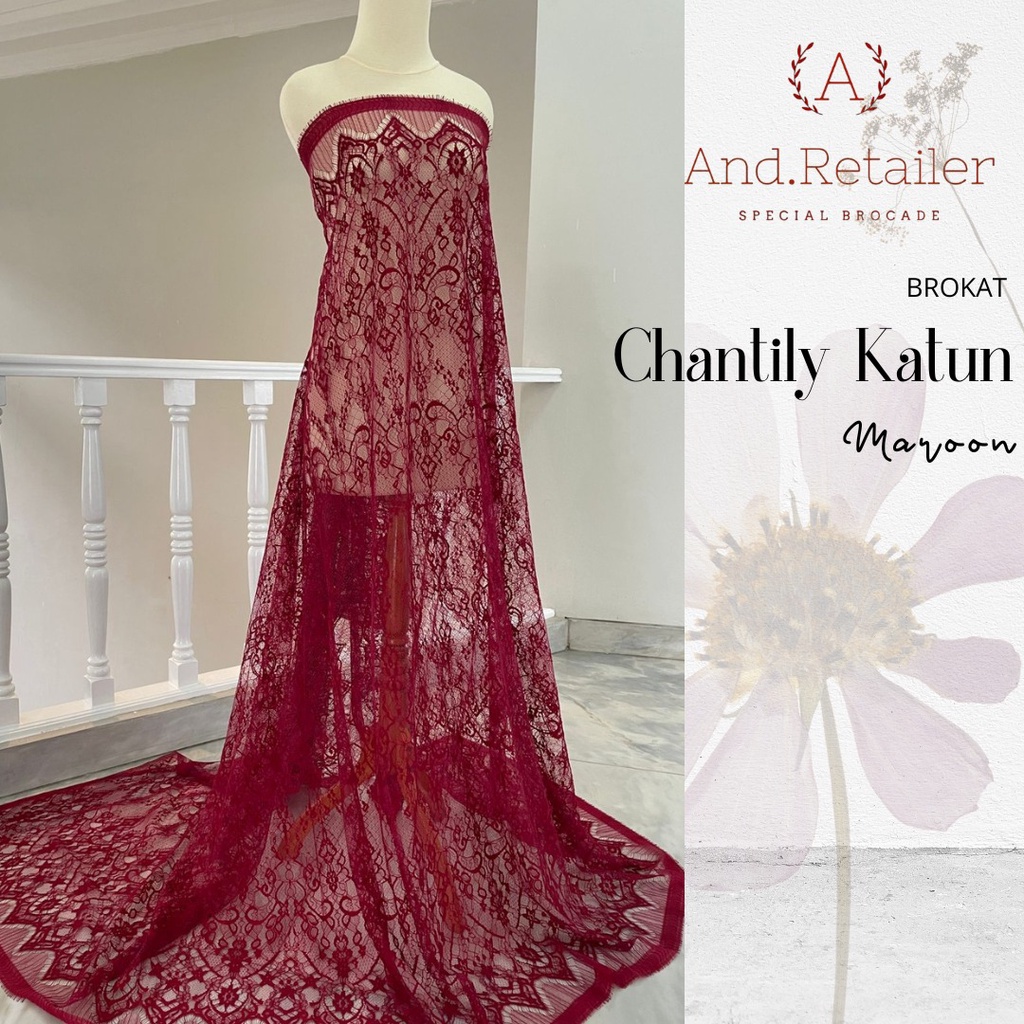 Bahan Kebaya Brokat Semi France Lace Chantily Shantily Katun Per panel 2,5m Warna Merah Maroon