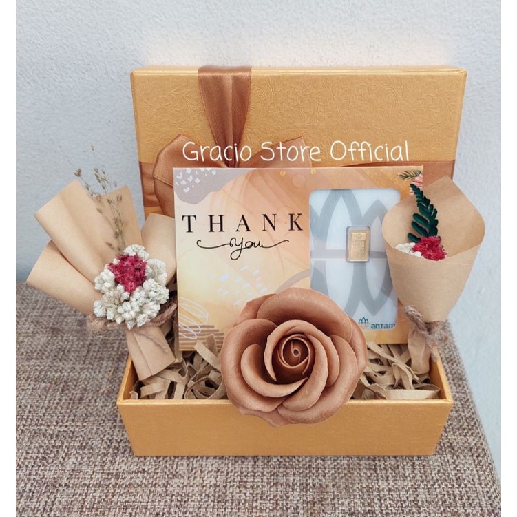 GIFT BOX EDISI THANK YOU NUANSA GOLD BROWN HAMPERS LOGAM MULIA ANTAM 1 GR