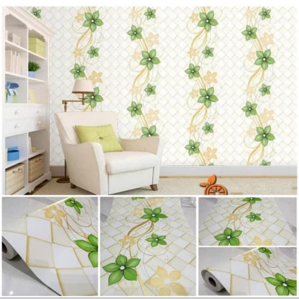 Wallpaper Dinding Bunga Hijau Gold Kotak