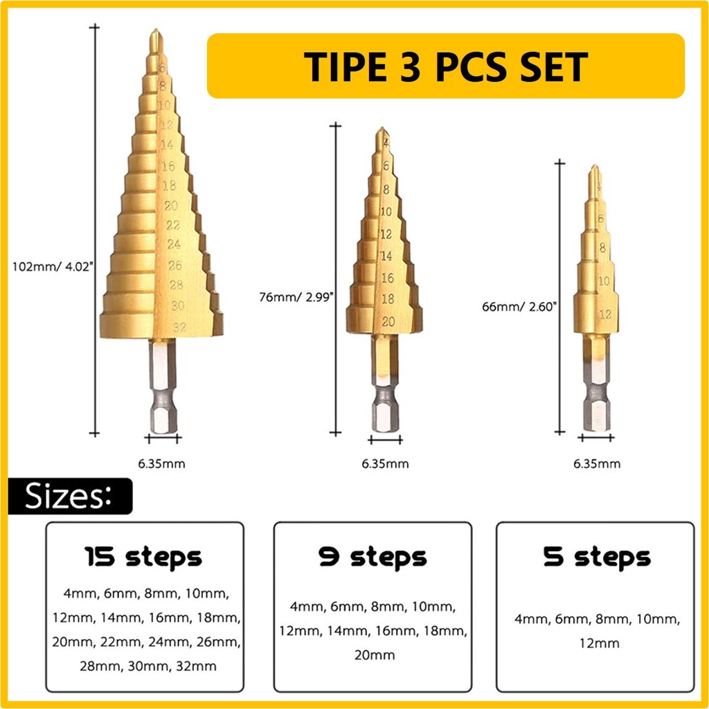 Mata Bor Pagoda Cone Step Drill Bit HSS Besi Kayu Plastik Tingkat Set