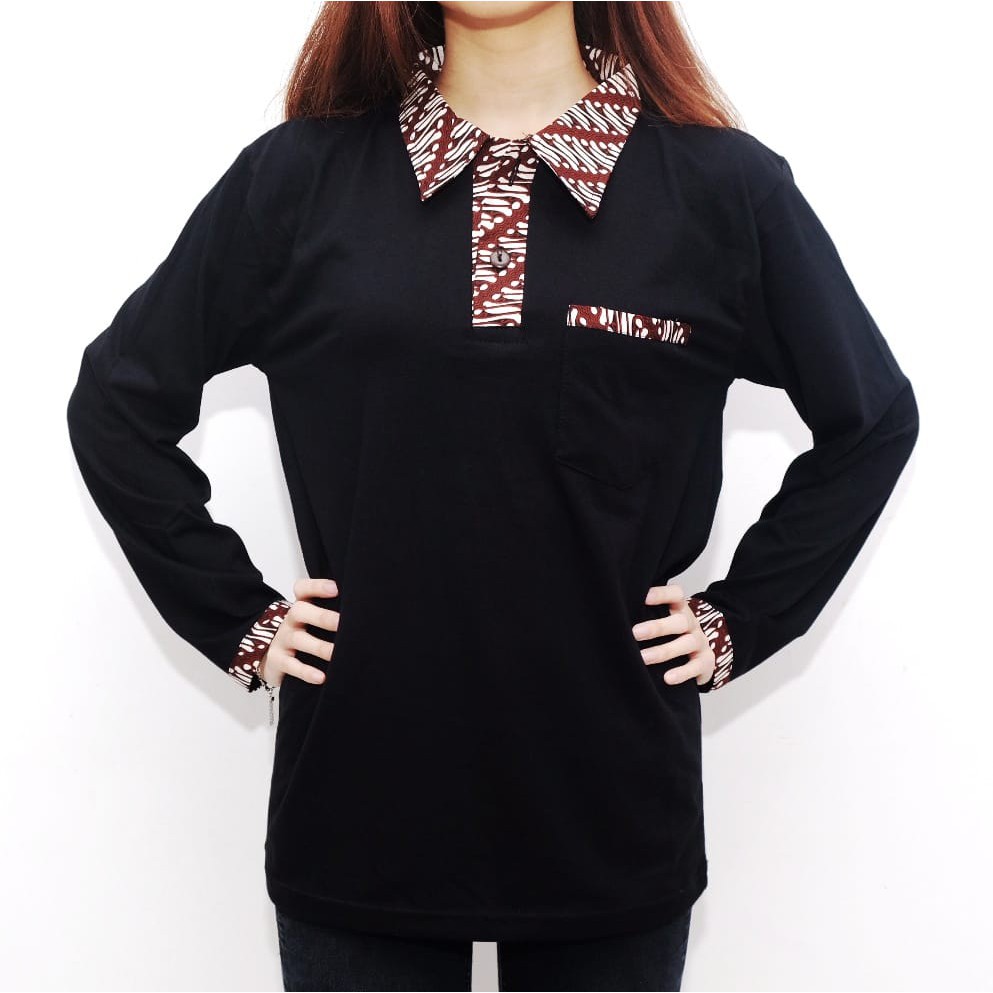 Kaos Krah Polo Batik Wanita Lengan Panjang Warna Hitam Premium Jabrik Jogja