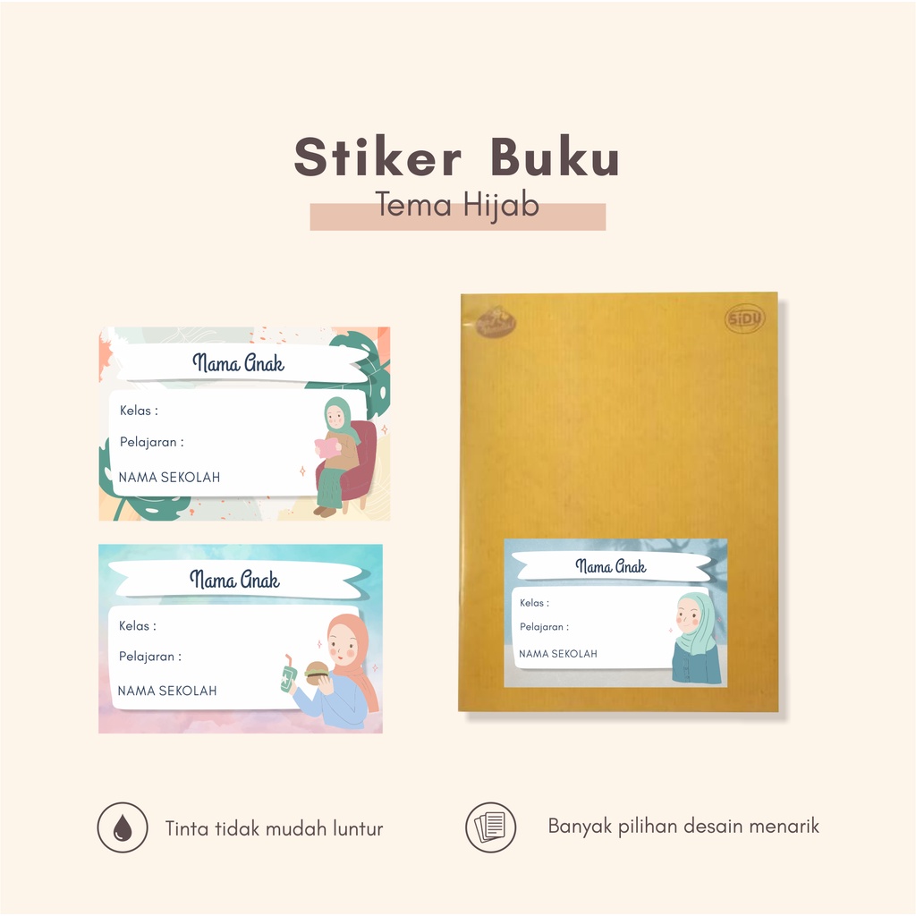 

(30pcs)bisa custom nama /cetak Stiker dan label buku pelajaran Tema HIJAB/murah