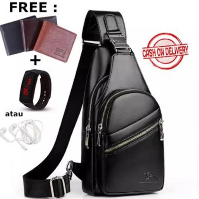 Tas Selempang Pria Kulit Murah Anti Air - Jason Bag bonus Dompet + Jam Tangan LED/Headset