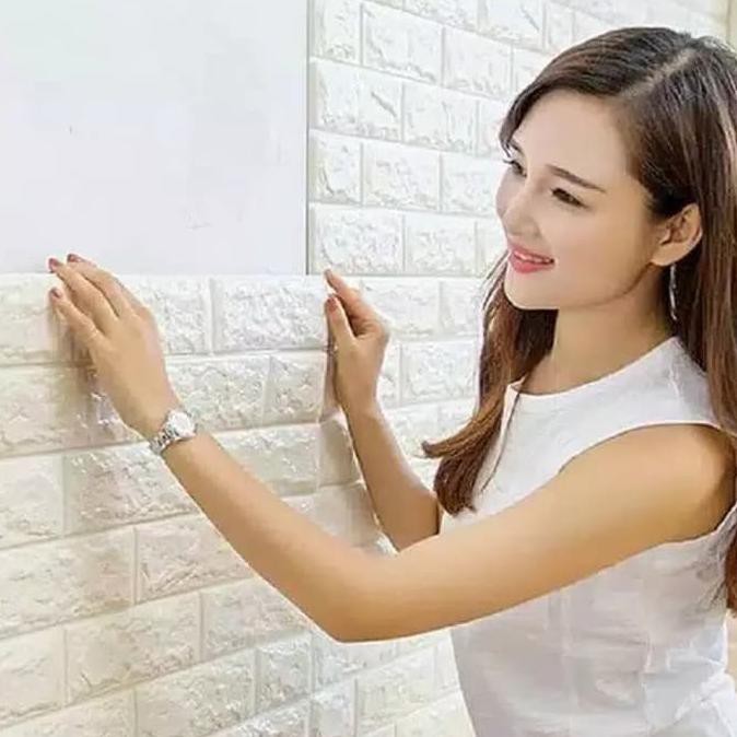 Sticker Wallpaper Dinding 3D Tempel Dekorasi Background Bata Foam Lem - White