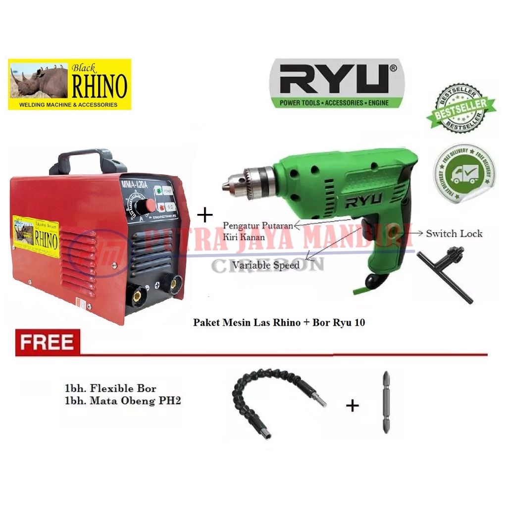 Paket Hemat Mesin Las Rhino Merah 900 Watt + Bor Kayu Besi 10 Mm Ryu + Selang Flexible + Mata Obeng