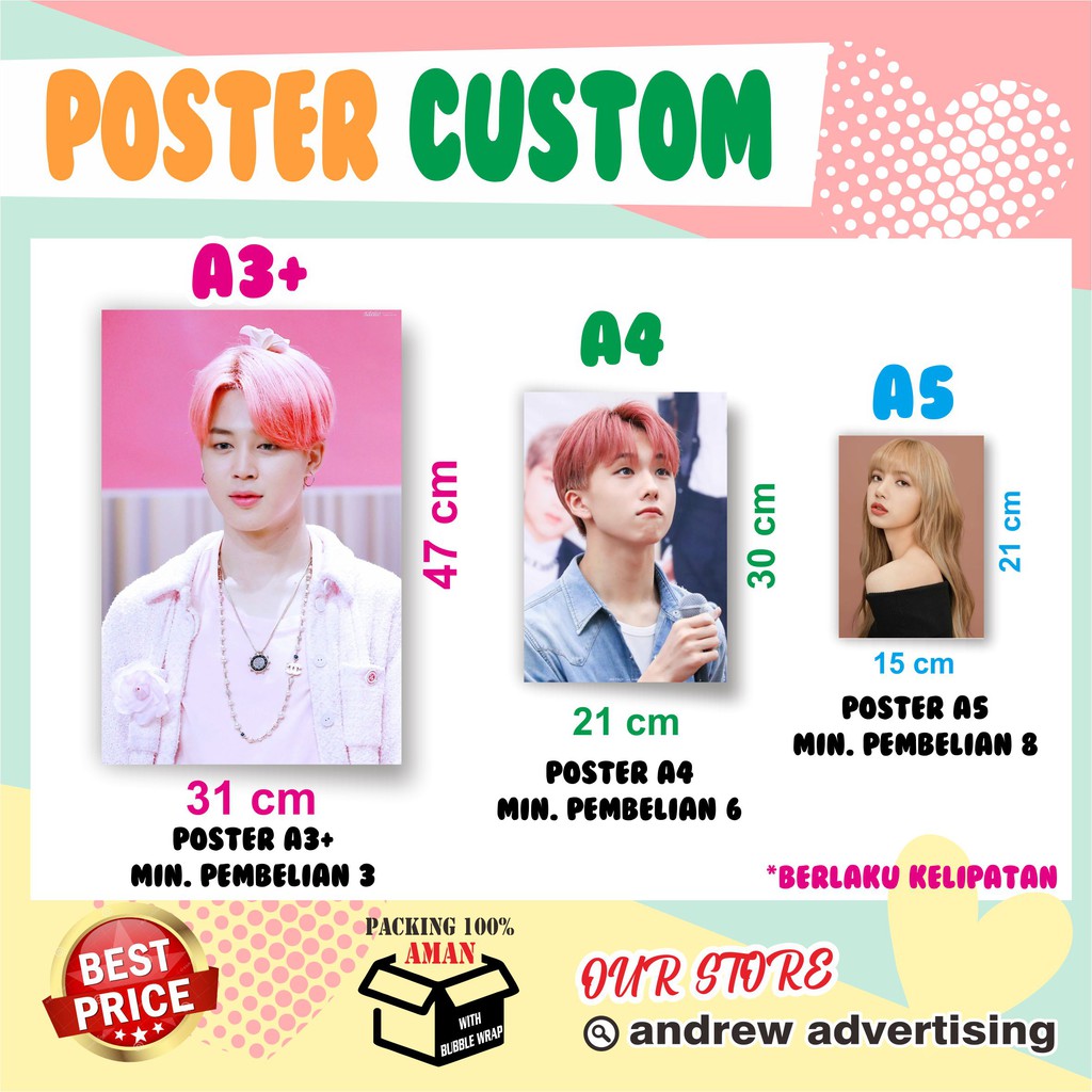 POSTER BEBAS CUSTOM A3 A4 A5 KPOP BTS EXO X1 NCT WANNA ONE TWICE SEVENTEEN RED VELVET