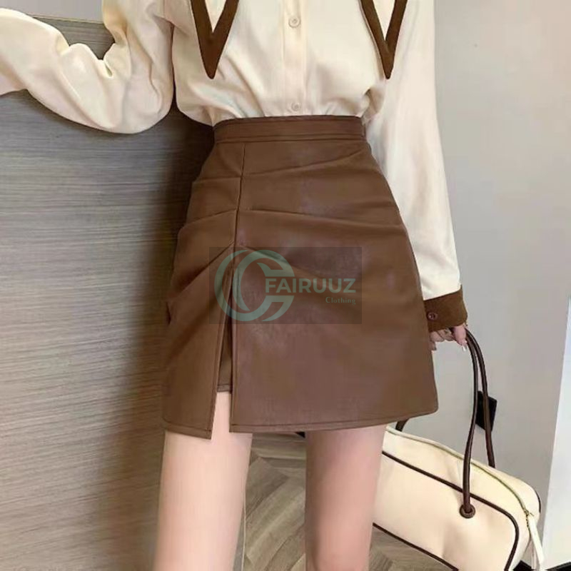 Rok Kulit Rok Mini Kulit Leather Skirt Split Paha Kanan Depan Rok Kerut Rok Remple Tali Highwaist Se
