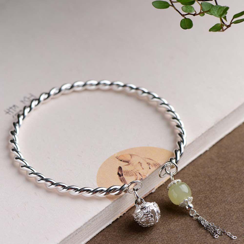 Mxbeauty Gelang Wanita Kreatif Elegan Cewek Bola Giok Minimalis Terbuka Manset Rumbai Warna Silver Gaya Korea