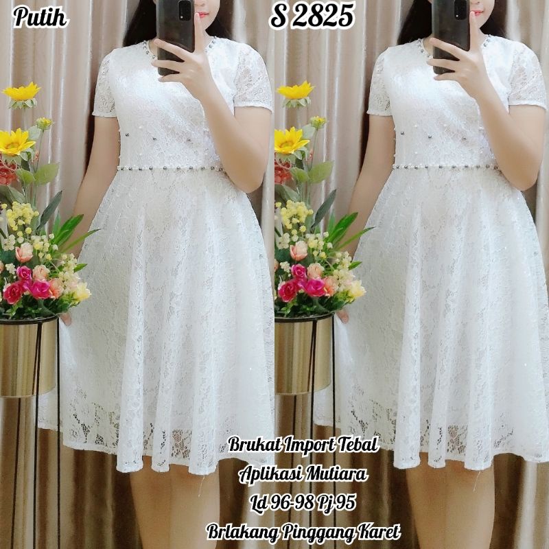 Pakaian Kondangan Pesta Wanita Dress Gaun Mewah Jumbo S 2825 #Dress Brukat Import Mutiara Tabur Puti