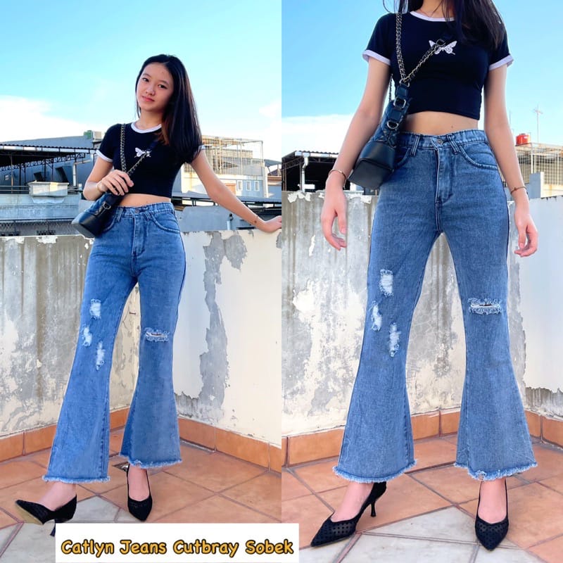 Celana Jeans Cutbray Sobek Snow Rawis Wanita Boyfriend Cutbray Jeans
