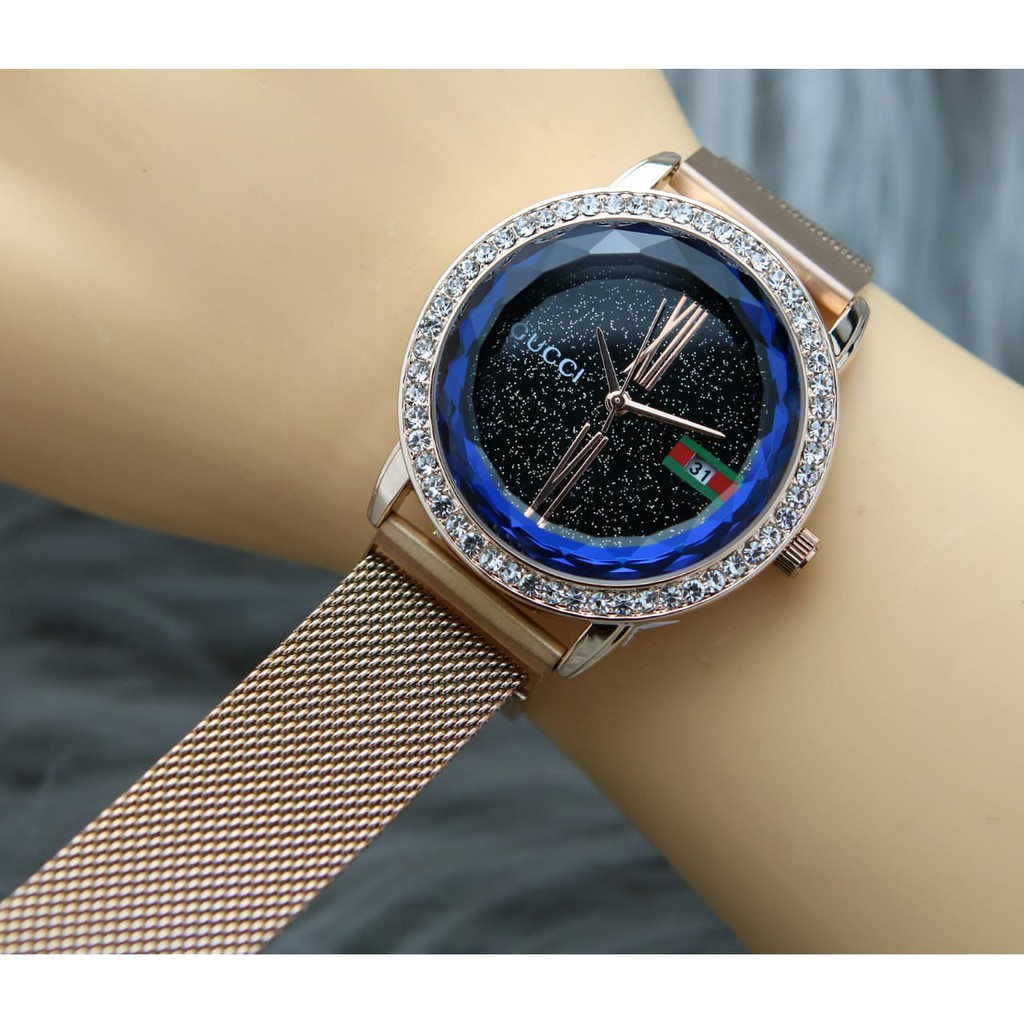 Jam Tangan Wanita Cewek Gucci Premium Tanggal Tali Rantai Magnet