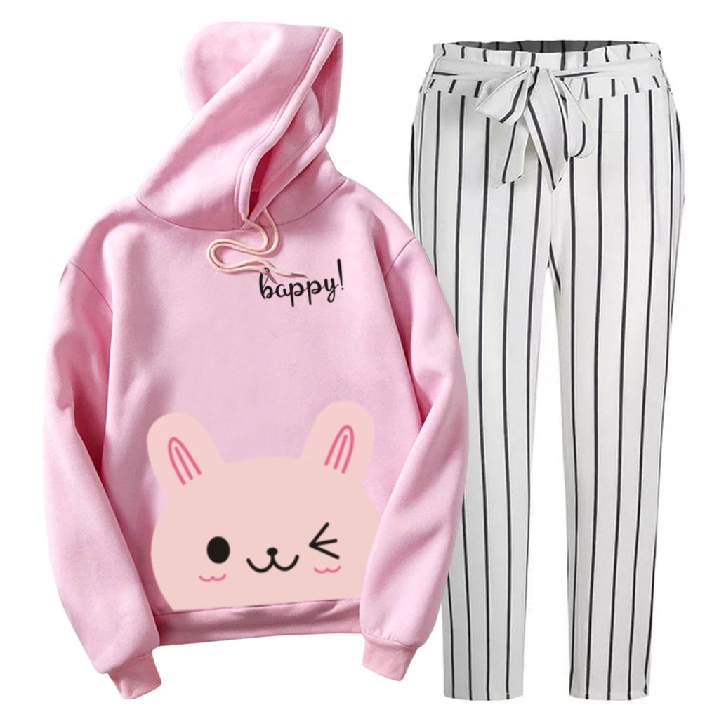 BESS - Setelan Hoodie Wanita Murah / Setelan Hoodie + Celana Salur Putih - HAPPY CAT