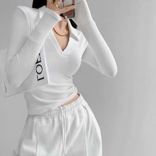 【MISSHONEY】V-Neck Long Sleeve Ribbed Basic Polo 7304 (S/M/L)