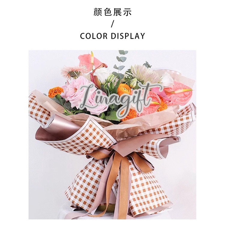 ( 5 Lembar ) BICOLOR GOLD CHECKERED - FLOWER WRAPPING PAPER KOREAN PLASTIC PLASTIC CELLOPHANE KERTAS BUNGA BUKET FLORIST WATERPROOF DOUBLE COLOR BROWN TUMERIC LILAC