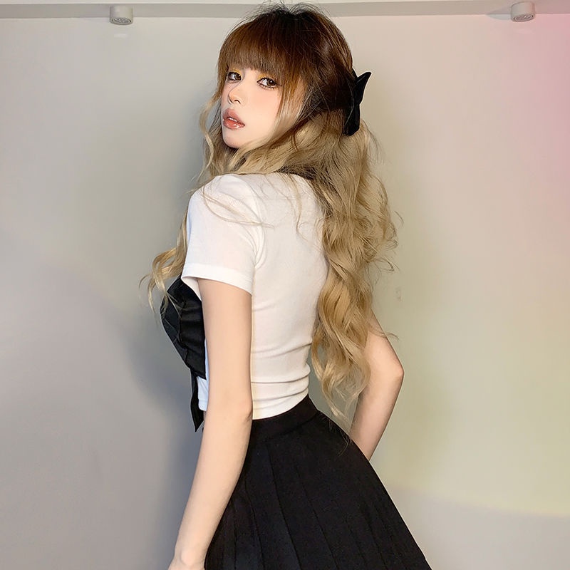 Hot girl spades heart stitching T-shirt wanita palsu dua potong slim fit all-match top trendy