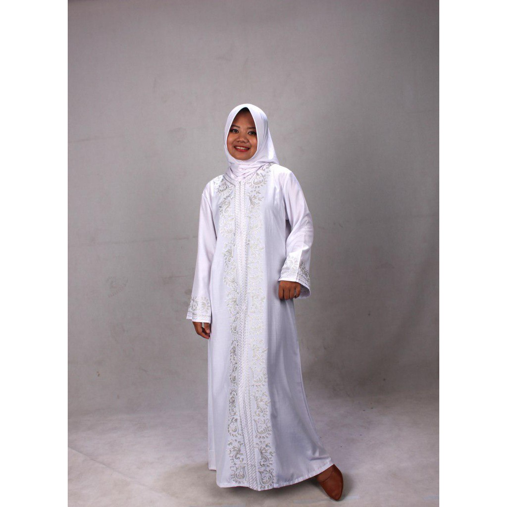 Gamis Umroh Bordir Stik Bunga/Baju Jubah Putih/Busana Muslim Haji - Perlengkapan Umroh Wanita