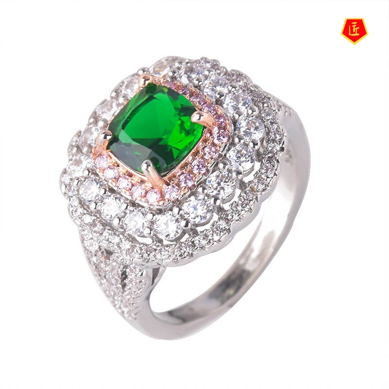 [Ready Stock]Fashion Inlaid Square Diamond Emerald Two-Tone Ring