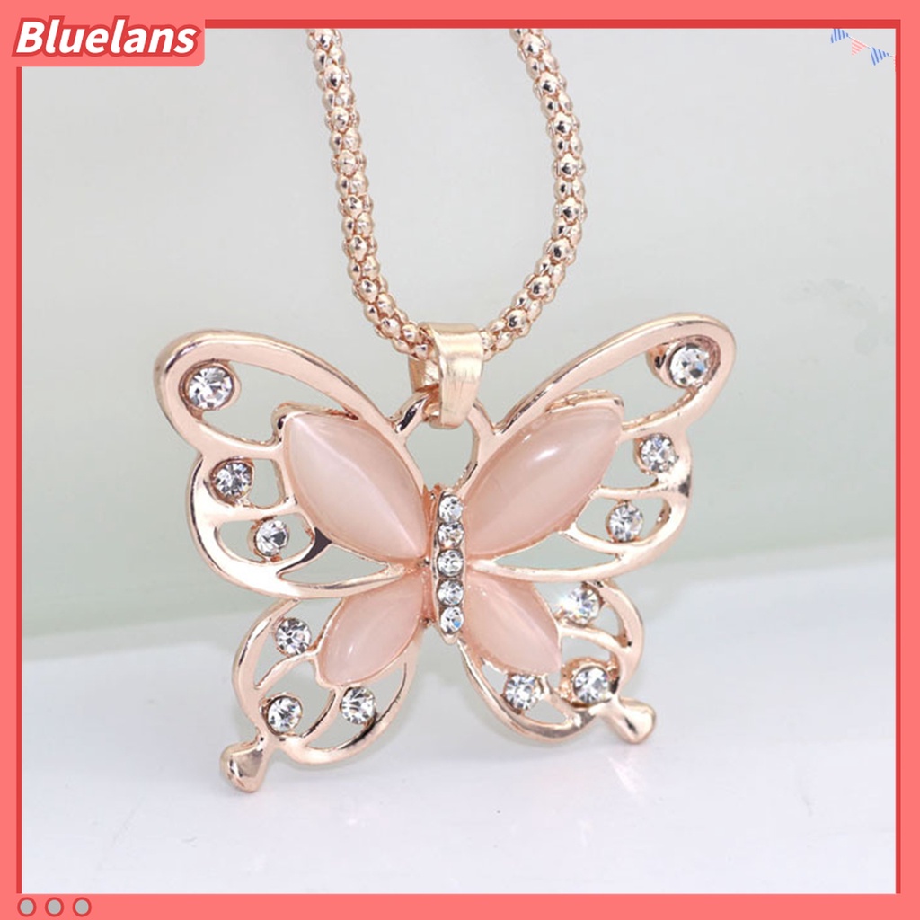 Bluelans Kalung Liontin Kupu-Kupu Warna Rose Gold Aksen Berlian Imitasi Untuk Wanita