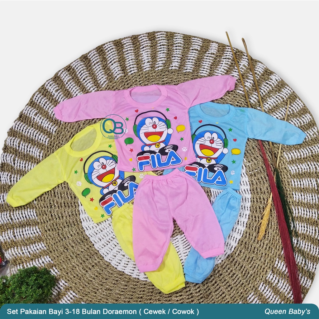 (QB) 1 Set Pakaian Bayi Motif Doraemon 3-12 Bulan - Pakaian Bayi Karakter Lengan Panjang