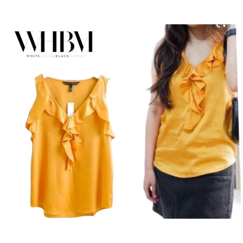 White House Black Market Ruffle Satin Gold Sleeveless Blouse