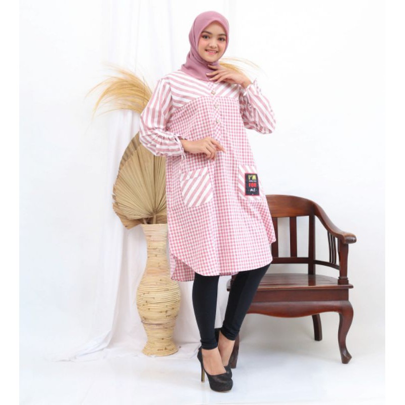 Tunik Wanita Katun Kombinasi Garis Import Premium