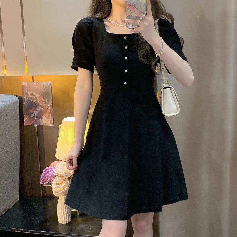 [littlecrab] Dress Hitam Classic With Pearl Squareneck A-Line Simple Elegan Dress Pendek Gaun Pesta Import Modern Berkualitas Korean Style