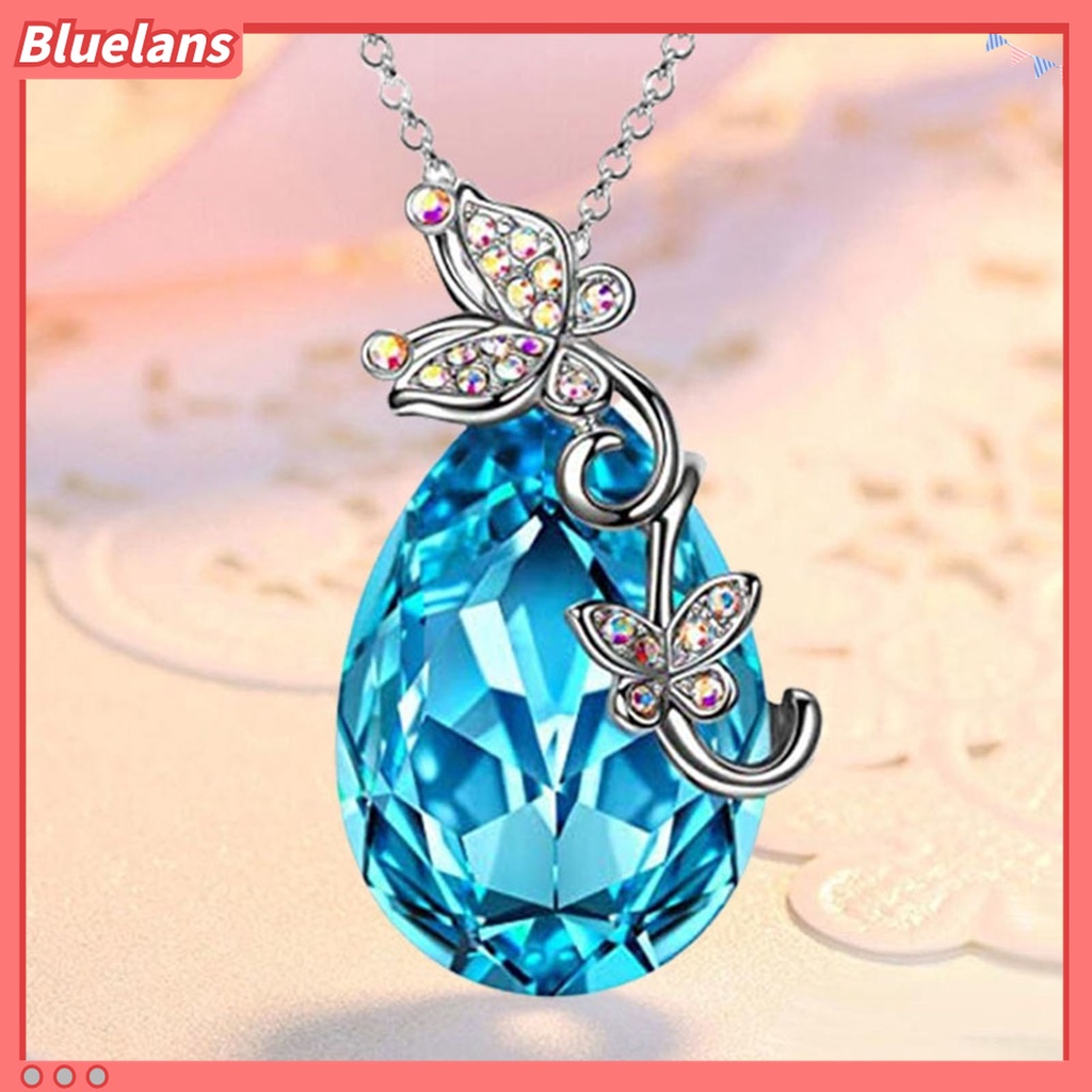 Kalung Rantai Desain Butterfly Waterdrop Aksen Kristal Imitasi Warna Biru Bahan Silver Plated Untuk Wanita