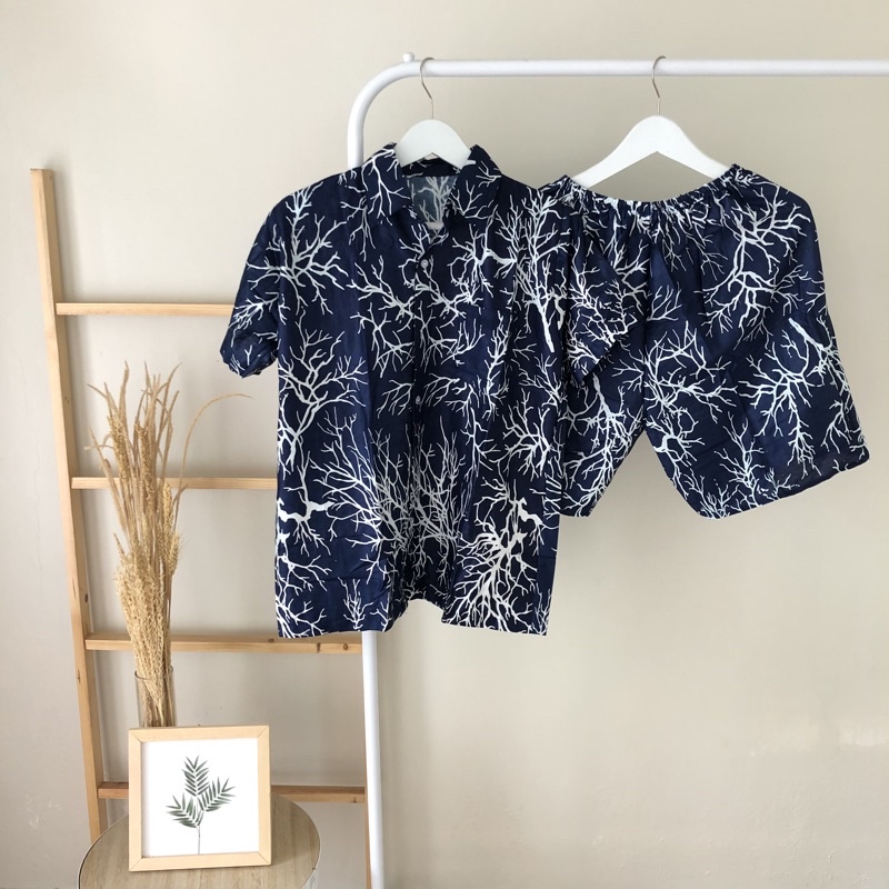 hirafa - One Set Setelan Atas Bawah Full Kancing / Baju Santai Tie Dye / Baju Wanita Pria-Akar - Navy