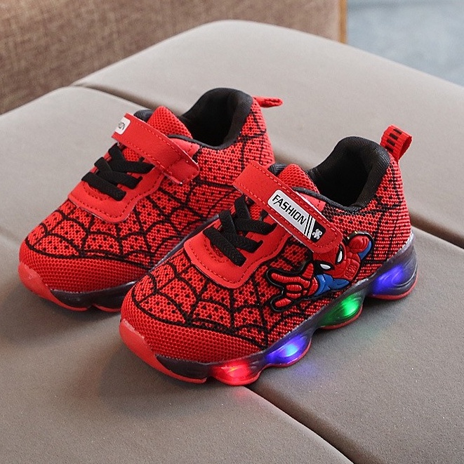 Bridgestore - Sepatu Sneakers LED Anak Laki-laki Motif Spiderman Import Kualitas Terbaik