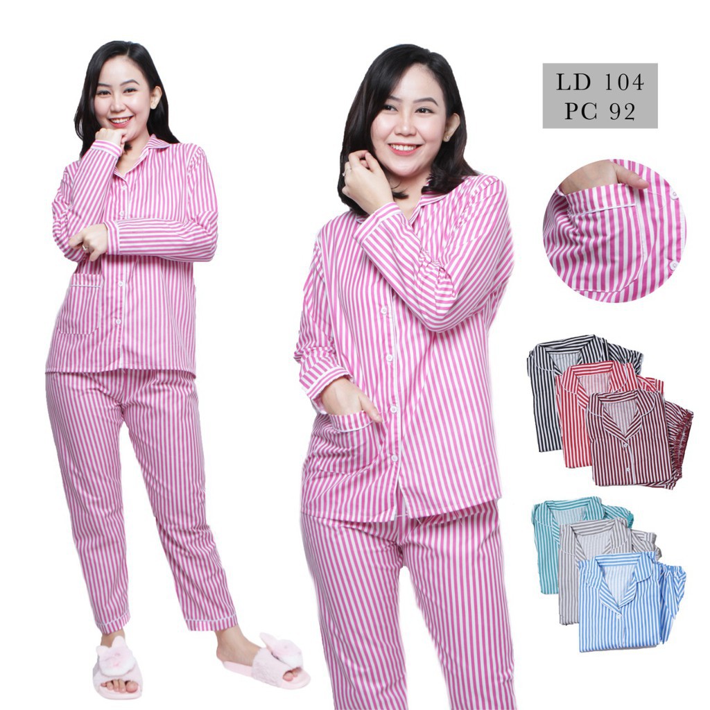 BJ-Piyama PP Wanita Dewasa Salur - Baju Tidur Lengan Panjang