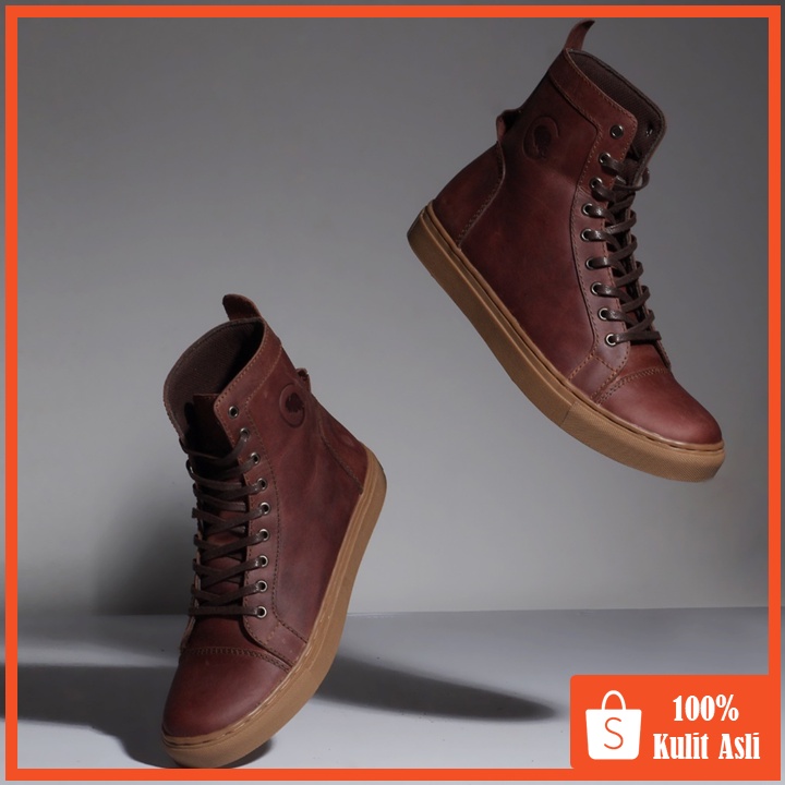 KHAFRA BROWN (Kulit Asli) - Sepatu Boots Pria Kasual Kulit Klasik Vintage Sporty Casual Cowok - Boot Kulit