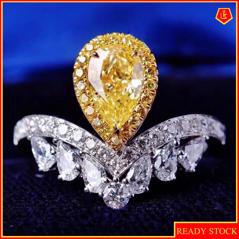 Fashion Luxury Water Drop Pear-Shaped Yellow Diamond Ring Crown Ring