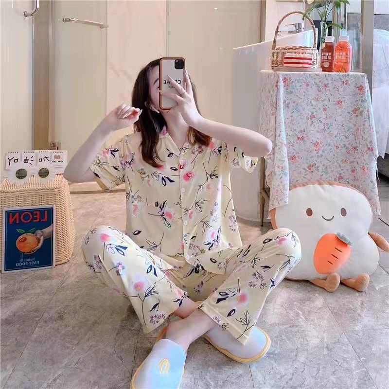 Baju tidur wanita / Piyama Cp baju tidur wanita krah pendek import kotak freesize-Cp.k KEMBANG KUNING