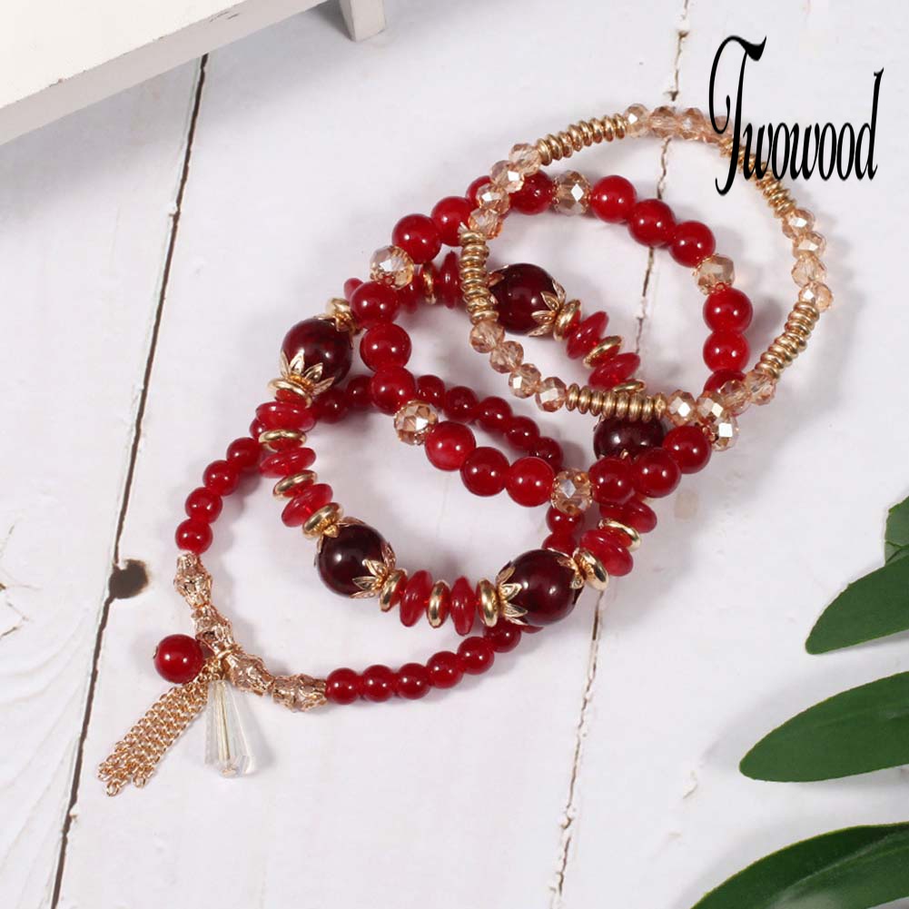 4pcs / Set Gelang Rantai Manik-Manik Mutiara Batu Akik Palsu Gaya Boho Untuk Wanita