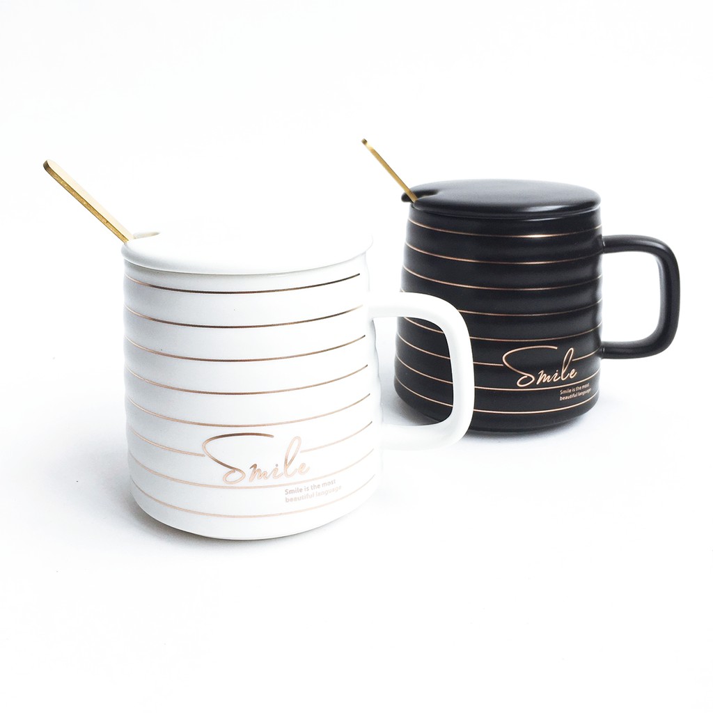 Mug keramik stripe gold + sendok stainless gold cindy - CRM0256