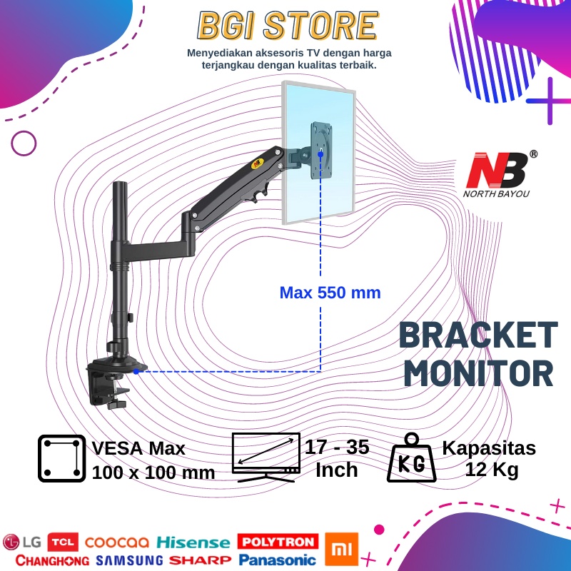 NORTH BAYOU NBH100NB H100 GAS SPRING BRACKET TV MONITOR JEPIT MEJA 17 - 35 INCH ORI PROMO !!!