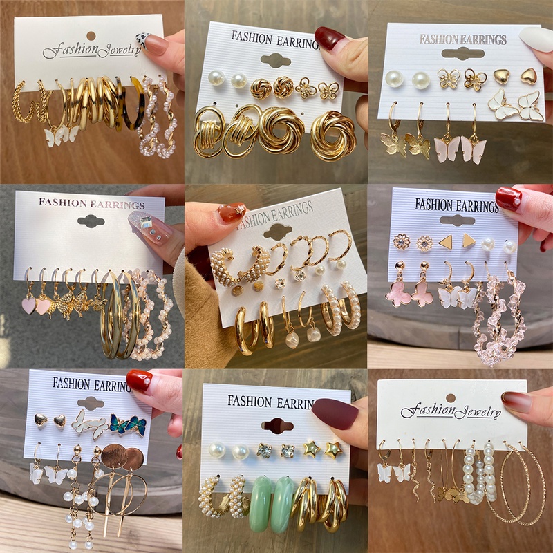 YEEZII 9 Pcs / Set Anting Stud Hias Liontin Kupu-Kupu Ular Mutiara Bahan Resin Gaya Retro Untuk Wanita