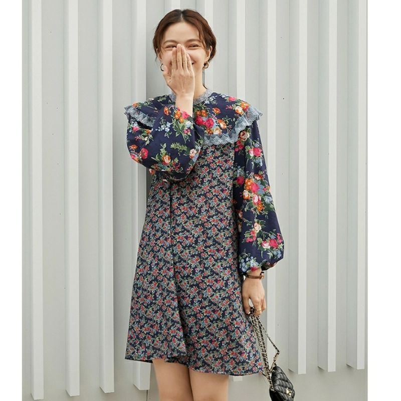 Baju Midi dress lengan panjang baloon balon puff kerah rempel renda Korean style ala Korea Kekinian 