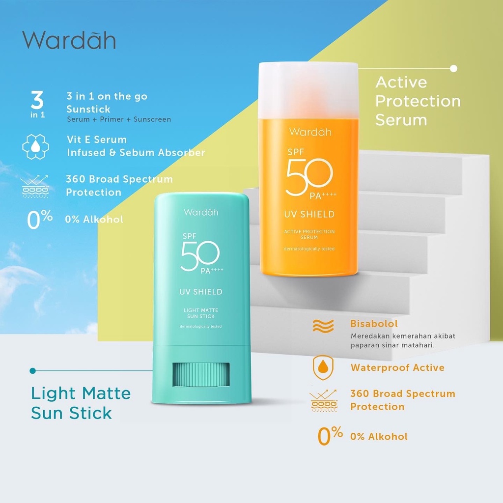 WARDAH UV Shield Active Protection Serum SPF 50 PA++++ Indonesia / Sunblock Wajah 35ml / Waterproof / Sun Care Sunscreen Tabir Surya UVA UVB Blue Light Protector Protect Pelindung Sinar Matahari Kulit Tubuh / Gel Stick Cream Lotion / Skincare Face Series