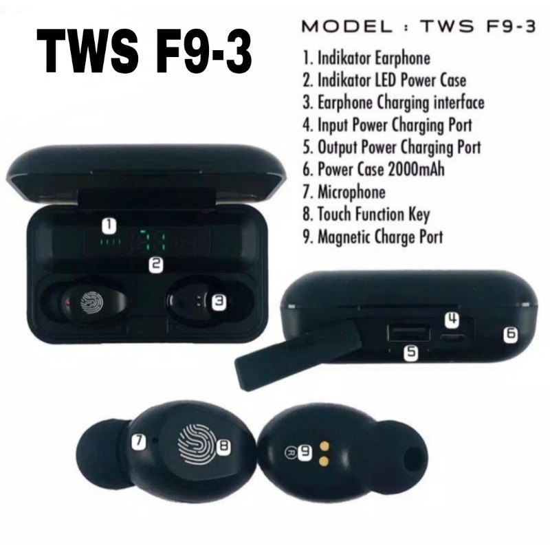 Headset Bluetooth TWS F9-3 LED Touch Control F9.3 F9 3